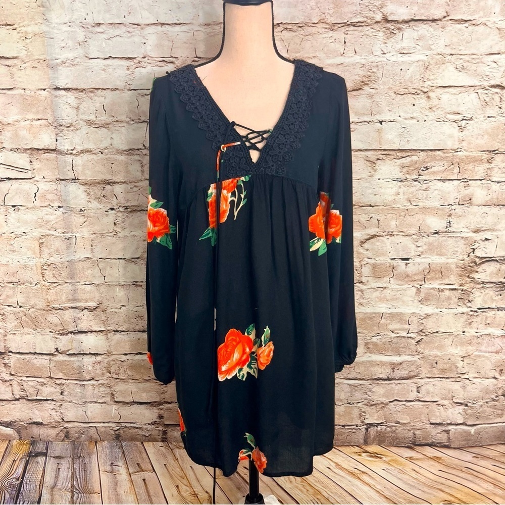 Element Womens Wildflower Solitary Rose Print Dress Tunic Black Small